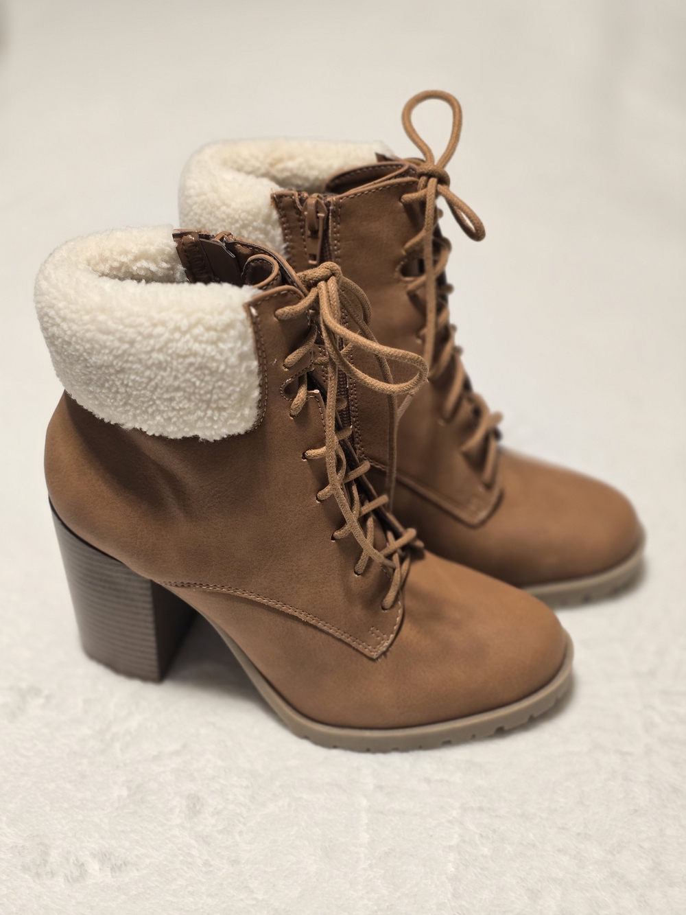 a.n.a Tan Lace-Up Block Heel Boots with Cream Faux-Shearling Cuff